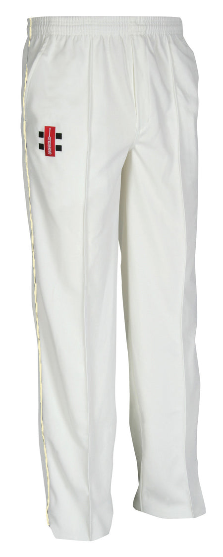 The Gray Nicolls Woodmancote CC Matrix V2 Cricket Trouser features an elastic waistband, a red logo with black and white stripes on the upper left thigh, moisture control, a slightly loose fit, and a subtle side stripe.