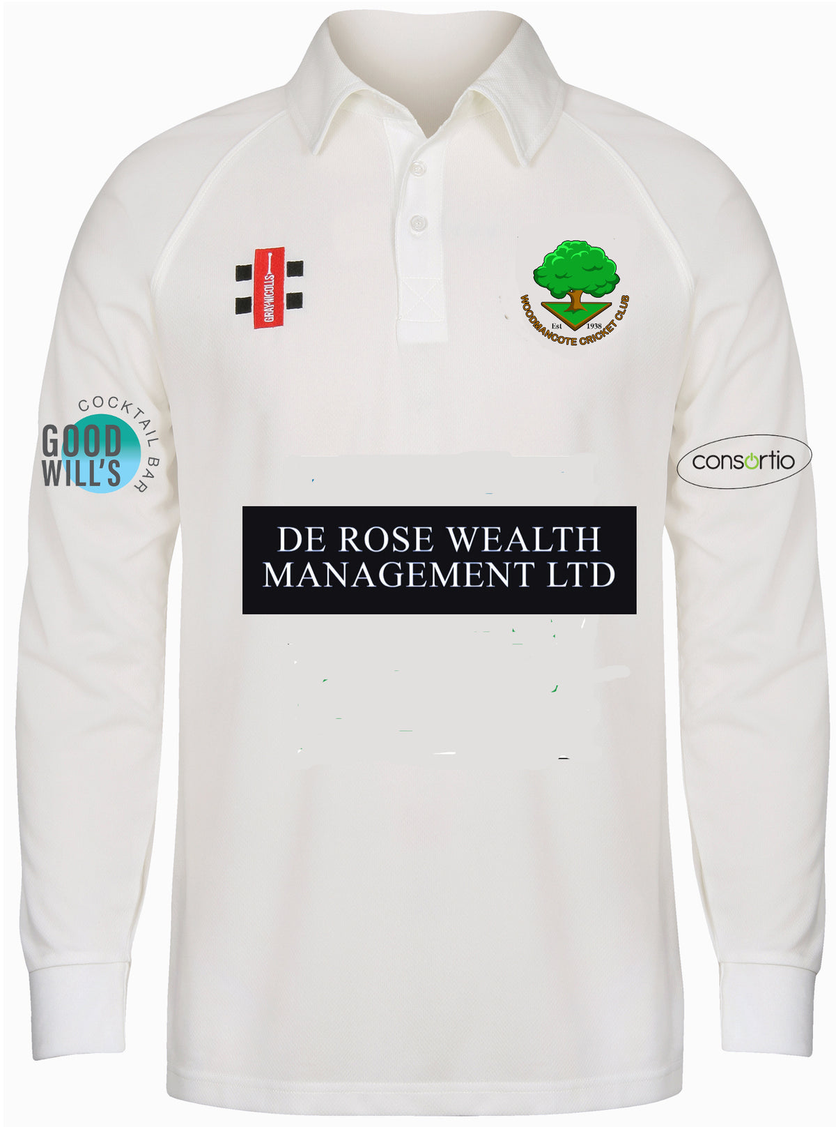 The Gray Nicolls Woodmancote CC Senior Matrix V2 Long Sleeve Shirt is a white cricket top with moisture wicking fabric, sponsor logos (“DE ROSE WEALTH MANAGEMENT LTD,” “GOODWILL’S,” “consortio”), and a green tree club logo on the chest.