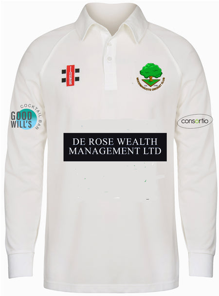 The Gray Nicolls Woodmancote CC Senior Matrix V2 Long Sleeve Shirt is a white cricket top with moisture wicking fabric, sponsor logos (“DE ROSE WEALTH MANAGEMENT LTD,” “GOODWILL’S,” “consortio”), and a green tree club logo on the chest.
