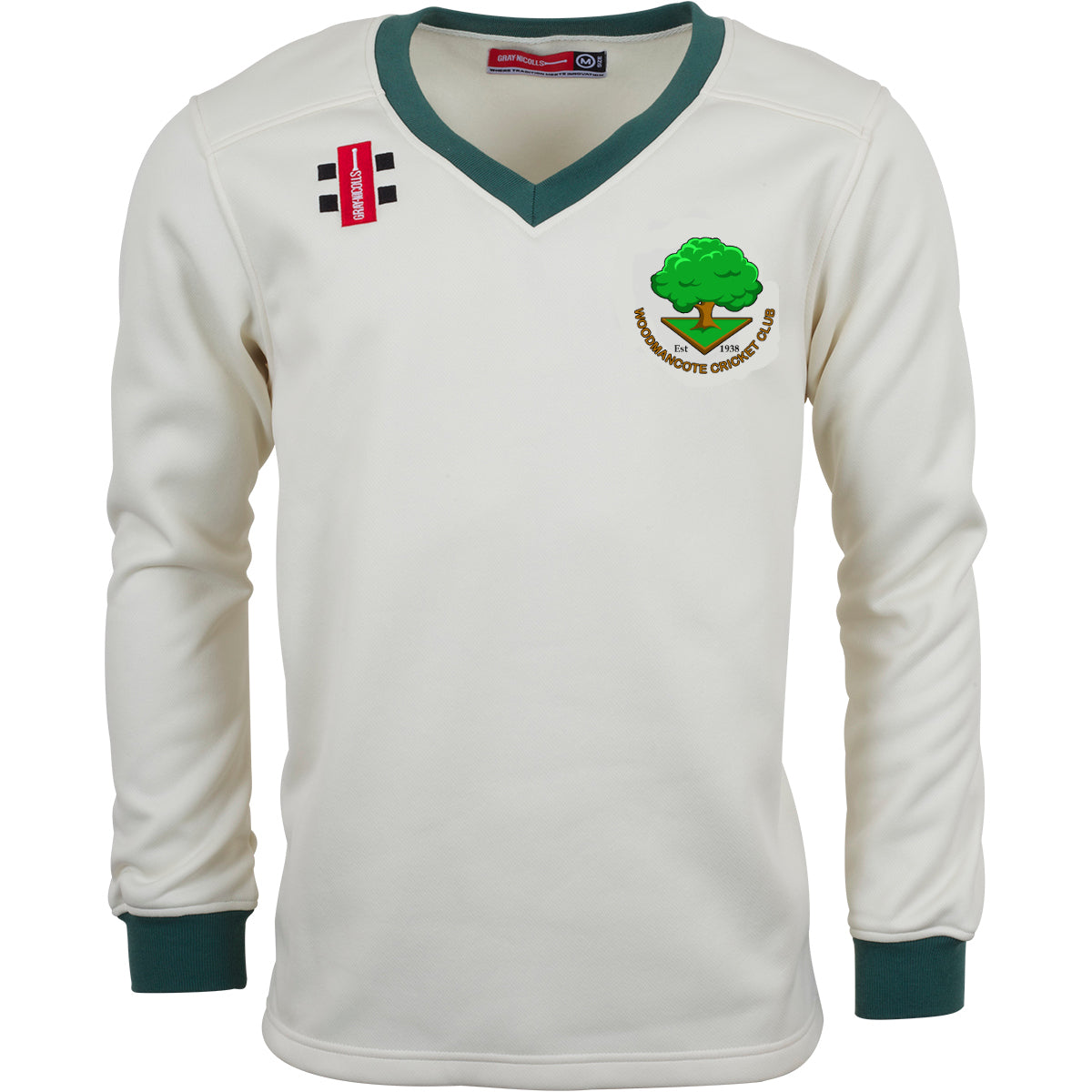 The Gray Nicolls Woodmancote CC Pro Performance Sweater is a cream long-sleeved cricket sweater with green cuffs and collar, featuring a tree logo on the left chest and a red patch on the right shoulder.