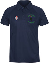 The Gray Nicolls Woodpeckers CC Matrix V2 Polo Shirt is a navy short-sleeve cricket top with a buttoned collar, embroidered bird and club logo, plus red patch—perfect for active training with enhanced moisture control.