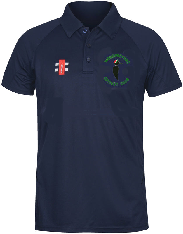 The Gray Nicolls Woodpeckers CC Matrix V2 Polo Shirt is a navy short-sleeve cricket top with a buttoned collar, embroidered bird and club logo, plus red patch—perfect for active training with enhanced moisture control.