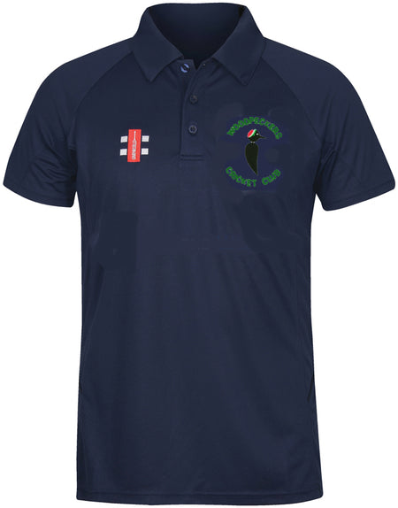 The Gray Nicolls Woodpeckers CC Matrix V2 Polo Shirt is a navy short-sleeve cricket top with a buttoned collar, embroidered bird and club logo, plus red patch—perfect for active training with enhanced moisture control.