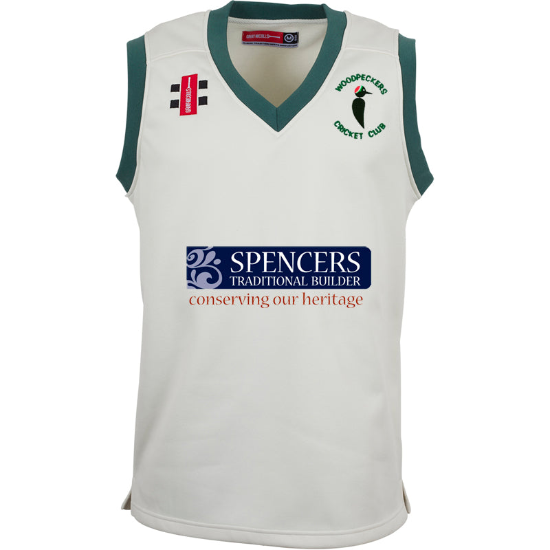 The Gray Nicolls Woodpeckers CC Pro Performance Slipover is a sleeveless white cricket vest with dark green trim, featuring the club logo, two sponsor logos, and SPENCERS TRADITIONAL BUILDER conserving our heritage on the front—ideal for any match.