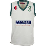 The Gray Nicolls Woodpeckers CC Pro Performance Slipover is a sleeveless white cricket vest with dark green trim, featuring the club logo, two sponsor logos, and SPENCERS TRADITIONAL BUILDER conserving our heritage on the front—ideal for any match.