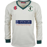 The Gray Nicolls Woodpeckers CC Pro Performance Sweater is a cream long-sleeve top with sport-specific fabric, green trim on collar and cuffs, the Woodpeckers Cricket Club logo, and sponsor logos on the chest.