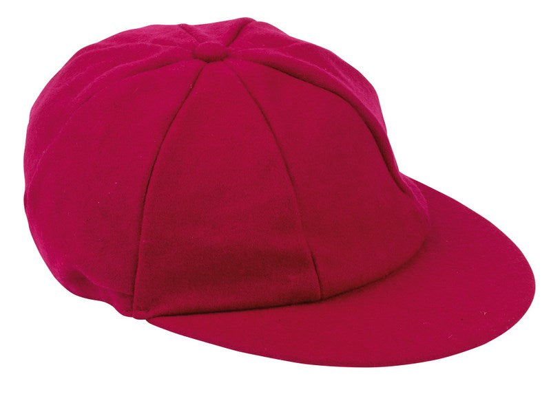 The Hunts County Traditional Cricket Cap is a maroon cap with a soft, rounded crown and wide, flat brim, inspired by classic cricket style and shown at an angle against a plain white background.
