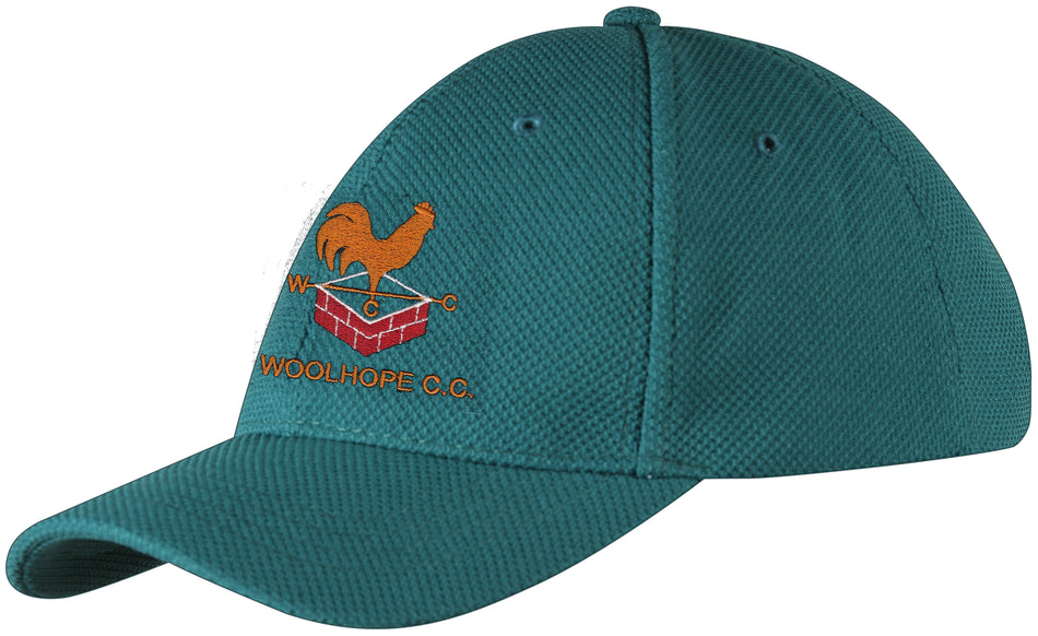 The Gray Nicolls Woolhope CC GN County Cap features an embroidered orange rooster on a weather vane above a red brick design, with "WOOLHOPE C.C." stitched below the club badge. One size fits most.