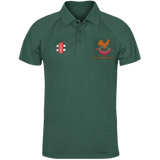 The Gray Nicolls Woolhope CC Matrix V2 Polo Shirt is a green, short-sleeved collared top with a red and white cricket wicket logo on the left chest and rooster with red text on the right, designed for moisture management in intense training.