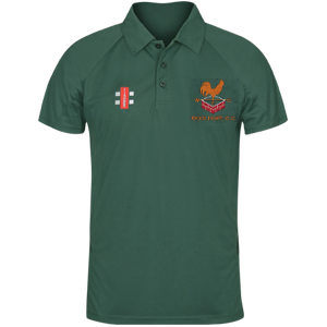The Gray Nicolls Woolhope CC Matrix V2 Polo Shirt is a green, short-sleeved collared top with a red and white cricket wicket logo on the left chest and rooster with red text on the right, designed for moisture management in intense training.