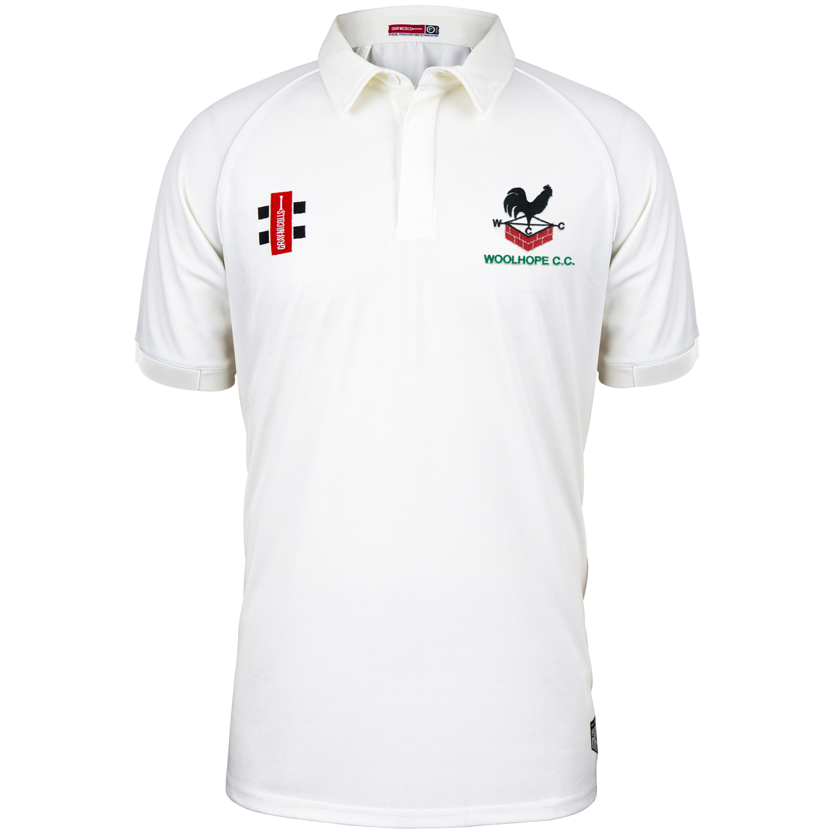 The Gray Nicolls Woolhope CC Matrix V2 Short Sleeve Match Shirt is a breathable white cricket shirt with a collar and black/red chest embroidery, including the WOOLHOPE C.C. name and black rooster logo, for comfort on the field.
