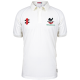 The Gray Nicolls Woolhope CC Matrix V2 Short Sleeve Match Shirt is a breathable white cricket shirt with a collar and black/red chest embroidery, including the WOOLHOPE C.C. name and black rooster logo, for comfort on the field.