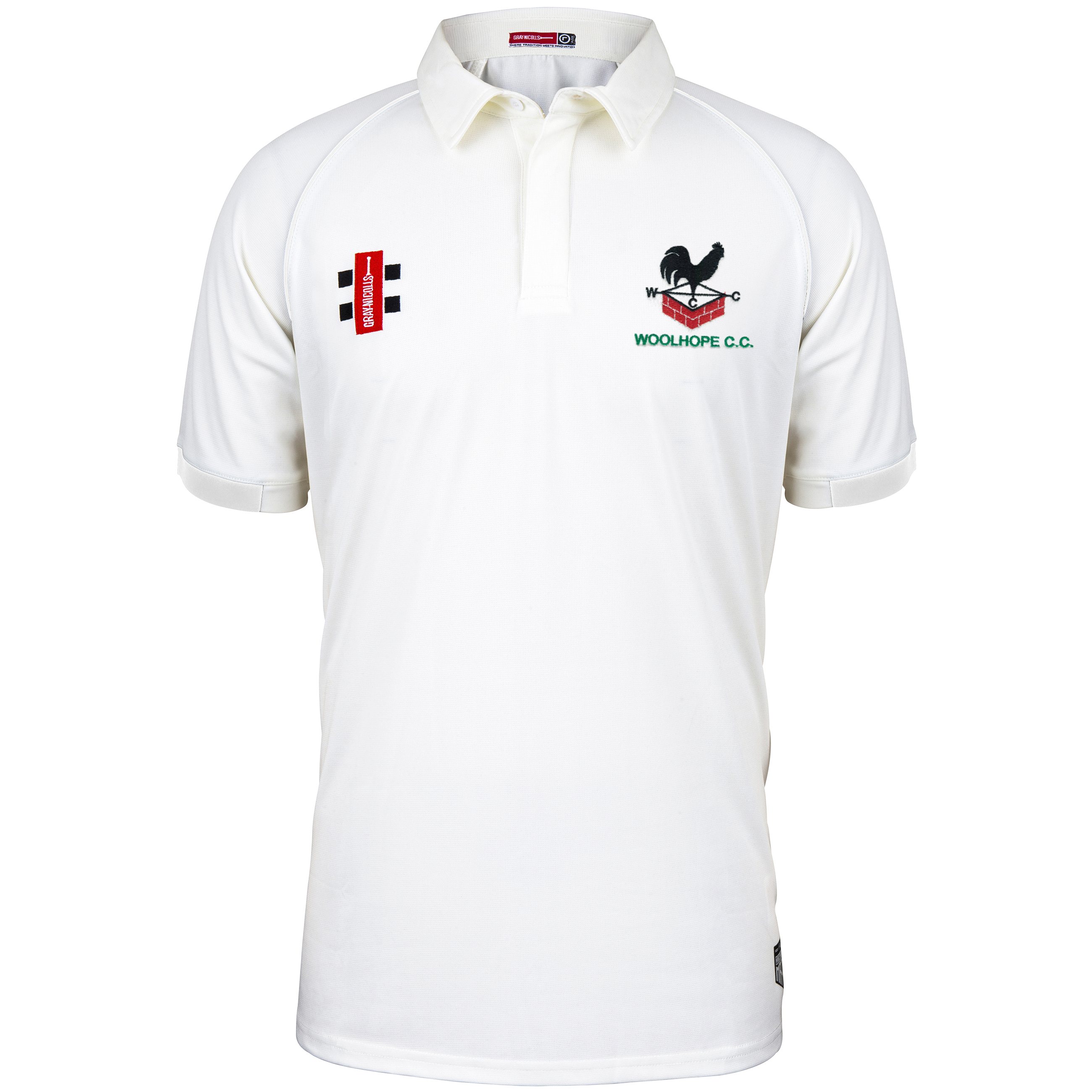 The Gray Nicolls Woolhope CC Matrix V2 Short Sleeve Match Shirt is a breathable white cricket shirt with a collar and black/red chest embroidery, including the WOOLHOPE C.C. name and black rooster logo, for comfort on the field.