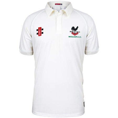 The Gray Nicolls Woolhope CC Matrix V2 Short Sleeve Match Shirt is a breathable white cricket shirt with a collar and black/red chest embroidery, including the WOOLHOPE C.C. name and black rooster logo, for comfort on the field.