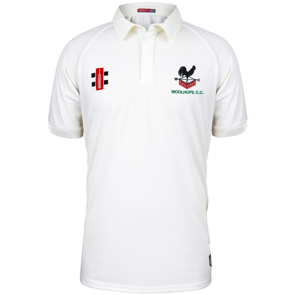 The Gray Nicolls Woolhope CC Matrix V2 Short Sleeve Match Shirt is a breathable white cricket shirt with a collar and black/red chest embroidery, including the WOOLHOPE C.C. name and black rooster logo, for comfort on the field.