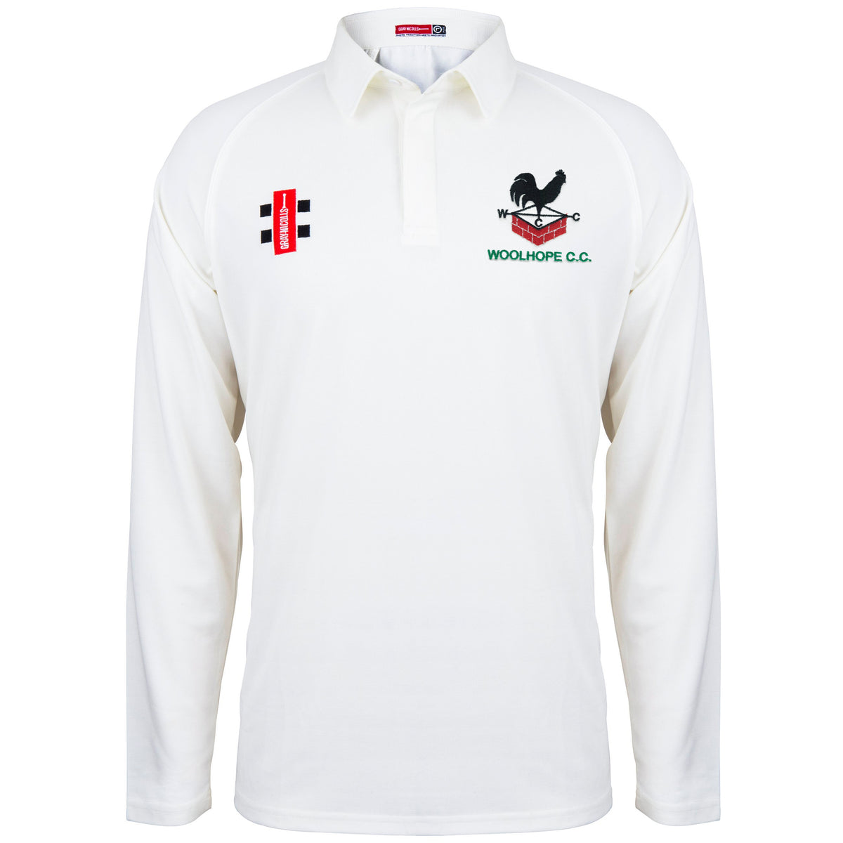 The Gray Nicolls Woolhope CC Matrix V2 Long Sleeve Match Shirt in white is made from 100% polyester, with the Woolhope C.C. logo on the left chest and a red and black patch with three black squares on the right chest.