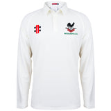 The Gray Nicolls Woolhope CC Matrix V2 Long Sleeve Match Shirt in white is made from 100% polyester, with the Woolhope C.C. logo on the left chest and a red and black patch with three black squares on the right chest.