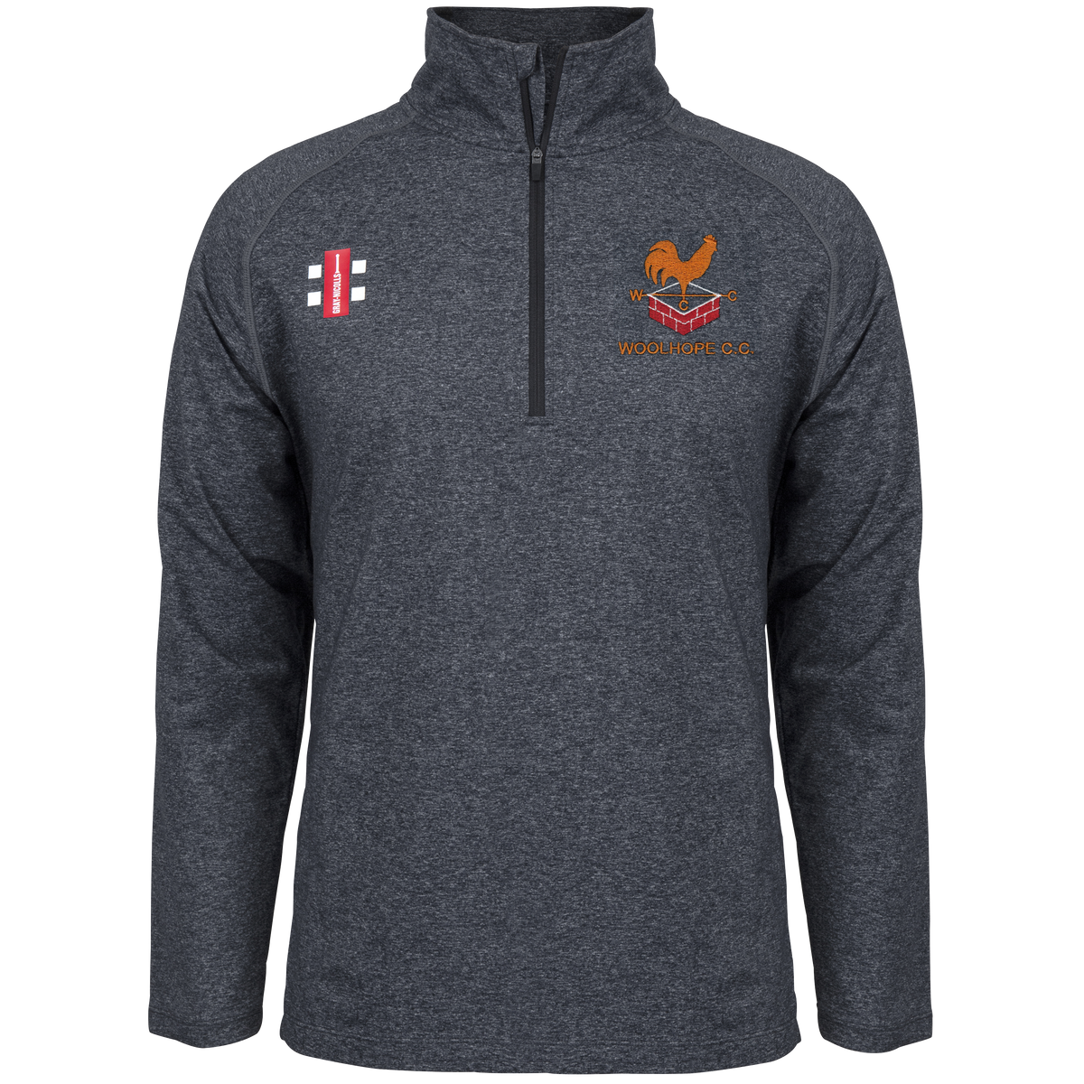 The Gray Nicolls Woolhope CC Velocity Mid Layer is a dark gray quarter-zip pullover with a red and white cricket logo on the left chest and an orange “Woolhope C.C.” with a rooster on bat on the right, ideal for training and moisture control.