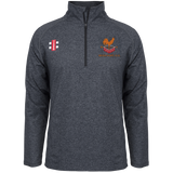 The Gray Nicolls Woolhope CC Velocity Mid Layer is a dark gray quarter-zip pullover with a red and white cricket logo on the left chest and an orange “Woolhope C.C.” with a rooster on bat on the right, ideal for training and moisture control.