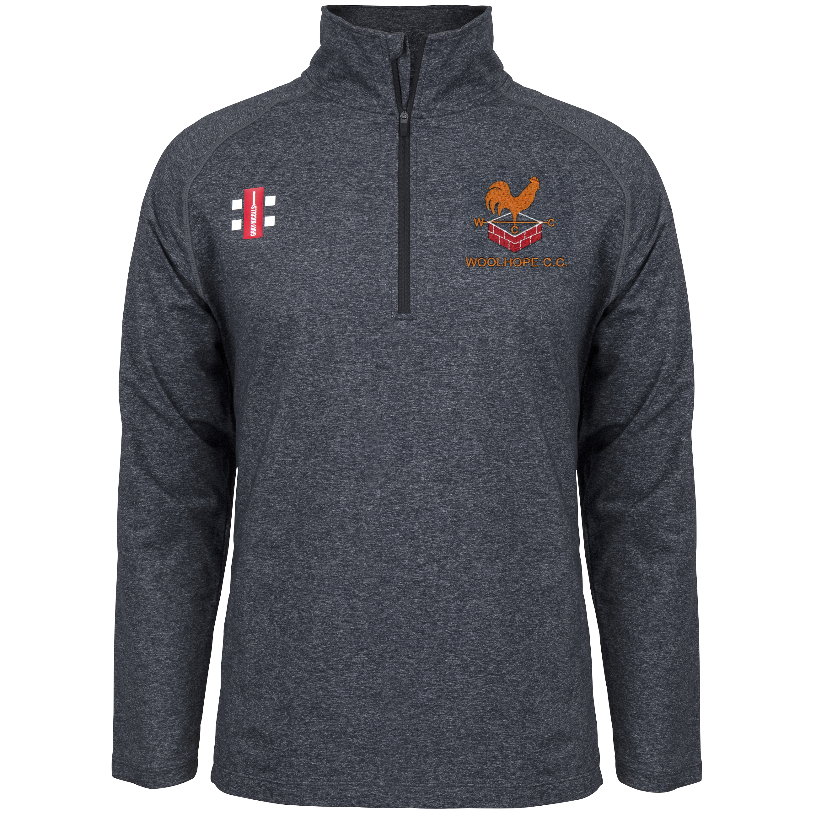 The Gray Nicolls Woolhope CC Velocity Mid Layer is a dark gray quarter-zip pullover with a red and white cricket logo on the left chest and an orange “Woolhope C.C.” with a rooster on bat on the right, ideal for training and moisture control.