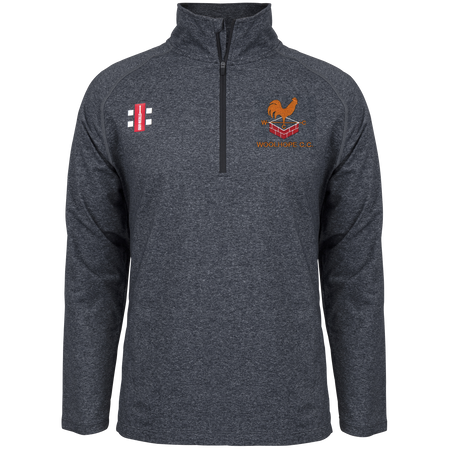 The Gray Nicolls Woolhope CC Velocity Mid Layer is a dark gray quarter-zip pullover with a red and white cricket logo on the left chest and an orange “Woolhope C.C.” with a rooster on bat on the right, ideal for training and moisture control.