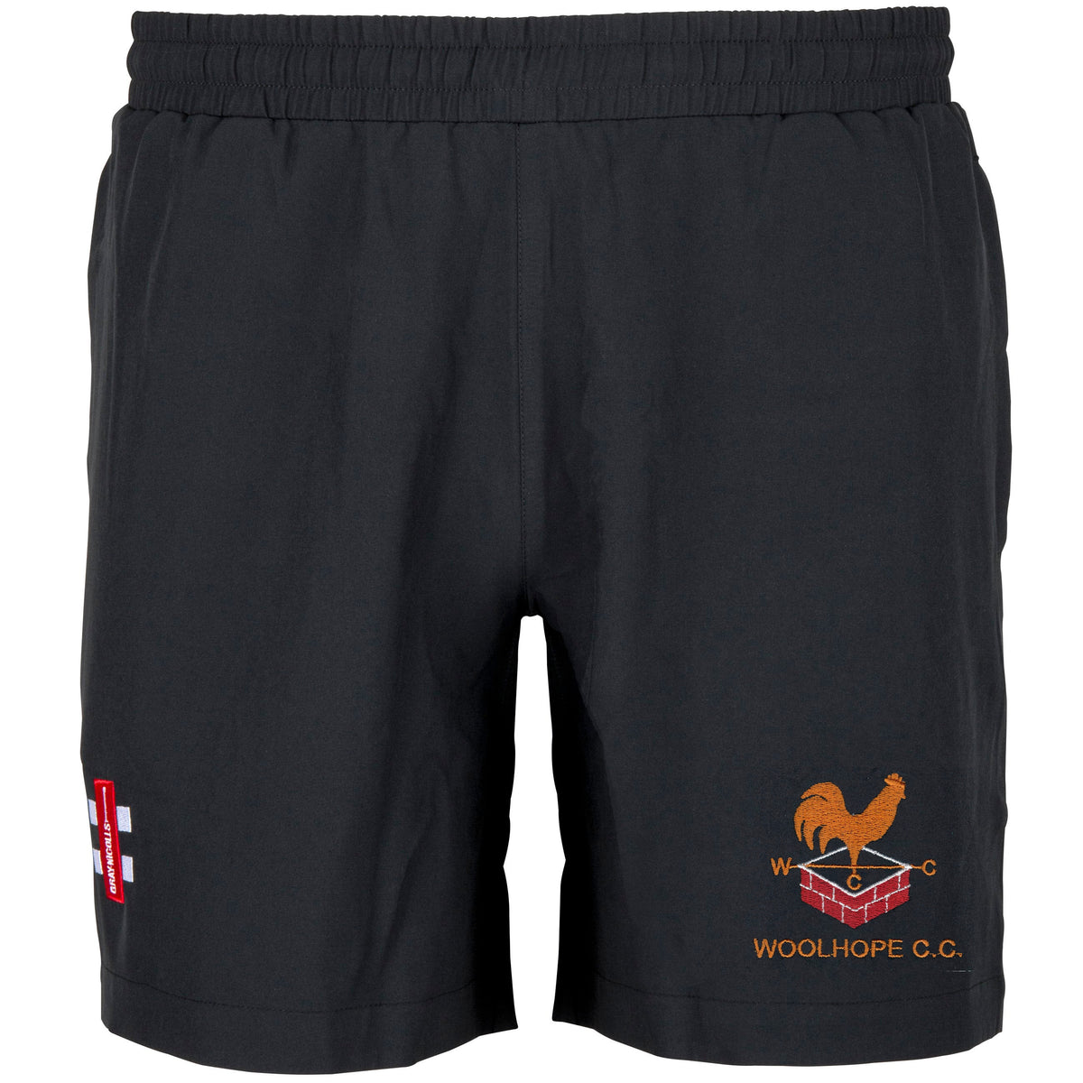 The Gray Nicolls Woolhope CC Velocity Training Shorts feature an elastic waistband, a red and white left thigh patch, and an orange rooster emblem with "WOOLHOPE C.C." on the right—ideal for cricket training with Woolhope CC.