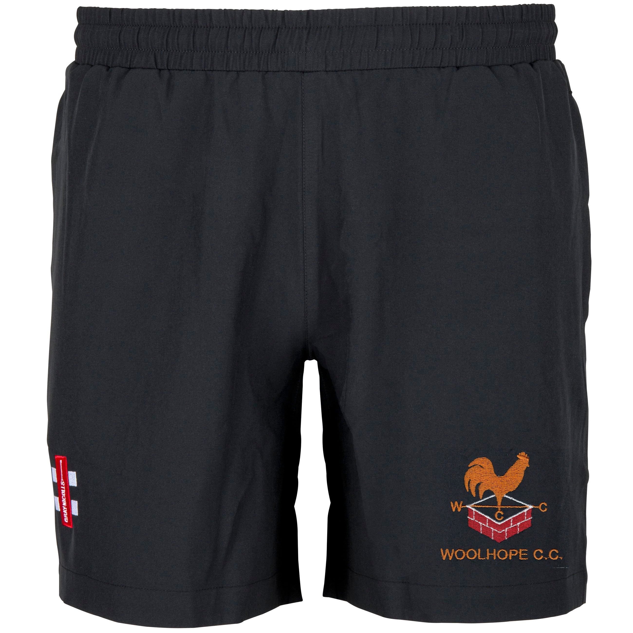The Gray Nicolls Woolhope CC Velocity Training Shorts feature an elastic waistband, a red and white left thigh patch, and an orange rooster emblem with "WOOLHOPE C.C." on the right—ideal for cricket training with Woolhope CC.