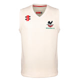 The Gray Nicolls Woolhope CC Pro Performance Senior Slipover is a sleeveless cream V-neck cricket sweater featuring embroidered Woolhope CC logos, including a black rooster, on the left chest and right shoulder.