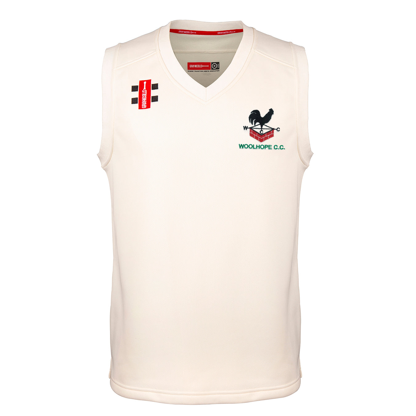 The Gray Nicolls Woolhope CC Pro Performance Senior Slipover is a sleeveless cream V-neck cricket sweater featuring embroidered Woolhope CC logos, including a black rooster, on the left chest and right shoulder.