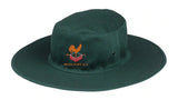 The Hunts County Woolhope CC Cricket Sunhat is dark green with a wide brim, featuring an orange rooster logo above red bricks and "WOOLHOPE CC" embroidered on the front.