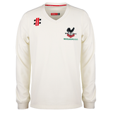 The Gray Nicolls Woolhope CC Pro Performance Senior Sweater is a cream V-neck long-sleeve with the Woolhope C.C. logo and a red sponsor patch on the chest.