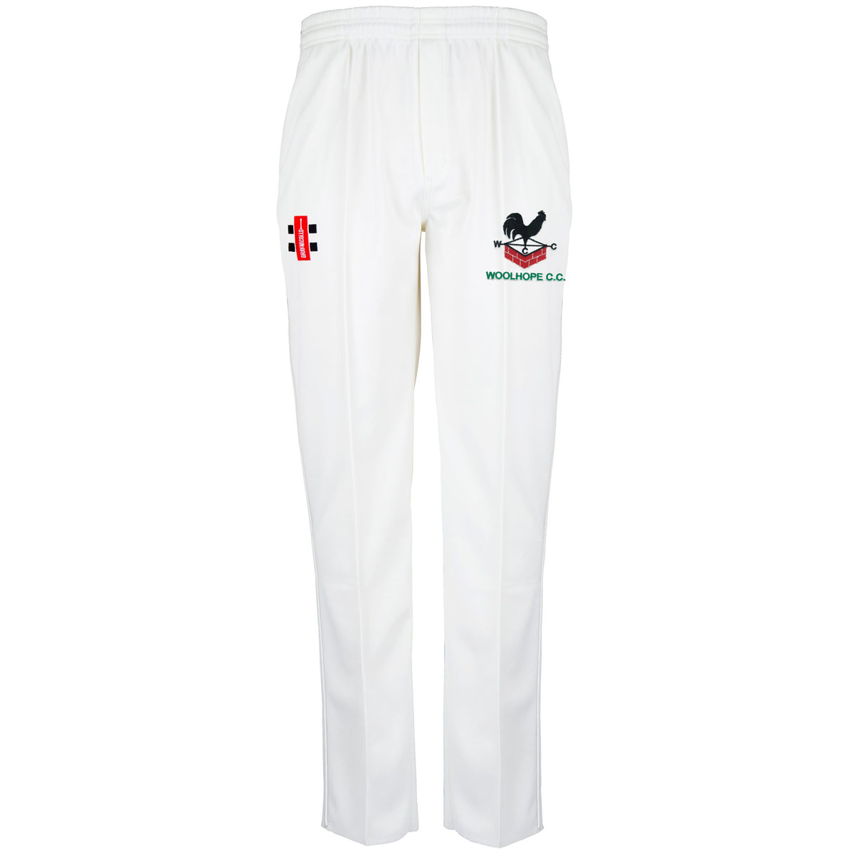 The Gray Nicolls Woolhope CC Matrix V2 Cricket Trousers feature moisture control, an elastic waistband, and a tapered fit, plus two embroidered logos: black/red on the left thigh and a black rooster with WOOLHOPE C.C. in green on the right thigh.