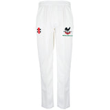 The Gray Nicolls Woolhope CC Matrix V2 Cricket Trousers feature moisture control, an elastic waistband, and a tapered fit, plus two embroidered logos: black/red on the left thigh and a black rooster with WOOLHOPE C.C. in green on the right thigh.