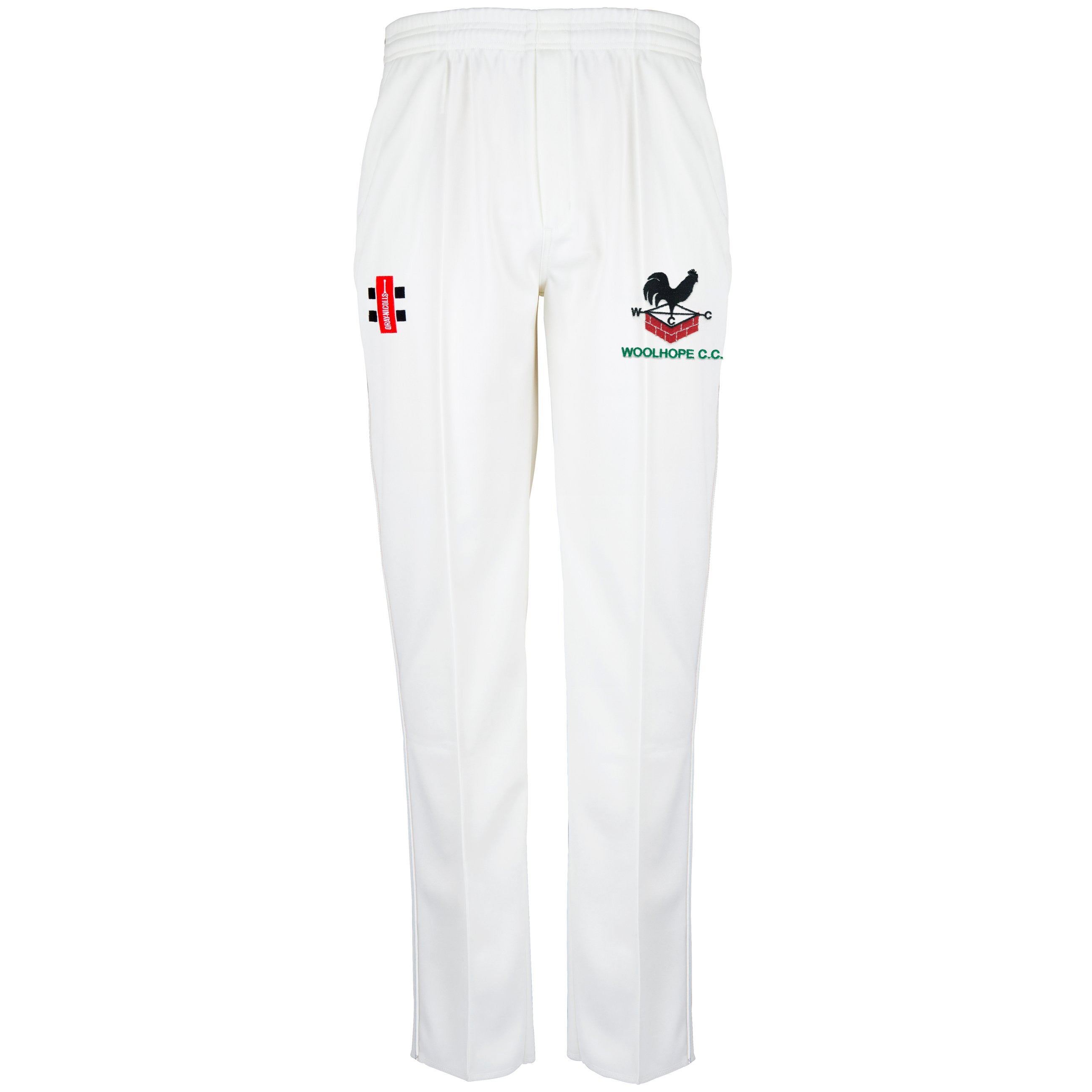 The Gray Nicolls Woolhope CC Matrix V2 Cricket Trousers feature moisture control, an elastic waistband, and a tapered fit, plus two embroidered logos: black/red on the left thigh and a black rooster with WOOLHOPE C.C. in green on the right thigh.