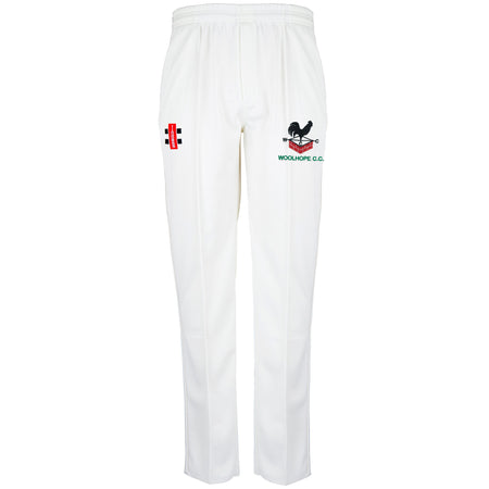 The Gray Nicolls Woolhope CC Matrix V2 Cricket Trousers feature moisture control, an elastic waistband, and a tapered fit, plus two embroidered logos: black/red on the left thigh and a black rooster with WOOLHOPE C.C. in green on the right thigh.