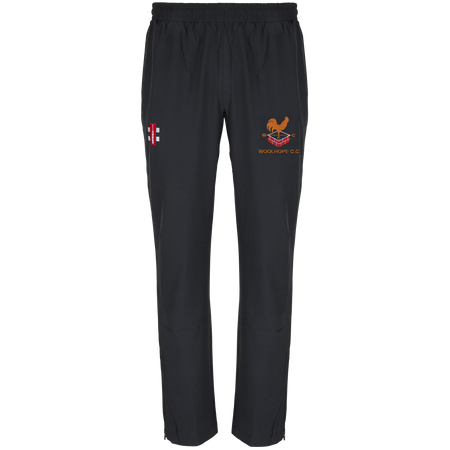 The Gray Nicolls Woolhope CC Velocity Track Trouser features an elastic waistband, athletic fit, an orange cricket club logo, and a small red and white emblem on the front, shown against a plain white background.