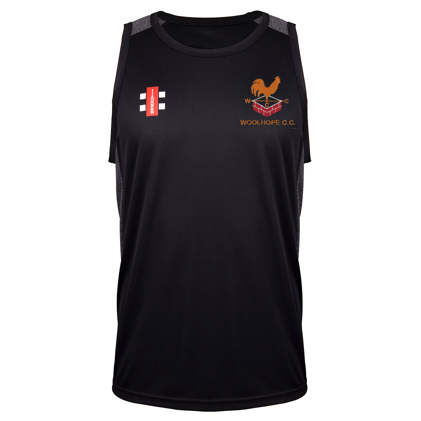 The Gray Nicolls Woolhope CC Pro Performance Vest is a sleeveless black cricket vest with mesh panels, a red and white logo on the left chest, and an orange rooster emblem with "Woolhope C.C." text on the right.
