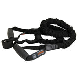 The Fitness Mad Safety Resistance Trainer by Fitness Mad is a black latex resistance tube with handles and a protective sleeve, perfect for total body fitness and strength training.