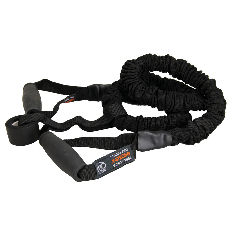 The Fitness Mad Safety Resistance Trainer by Fitness Mad is a black latex resistance tube with handles and a protective sleeve, perfect for total body fitness and strength training.