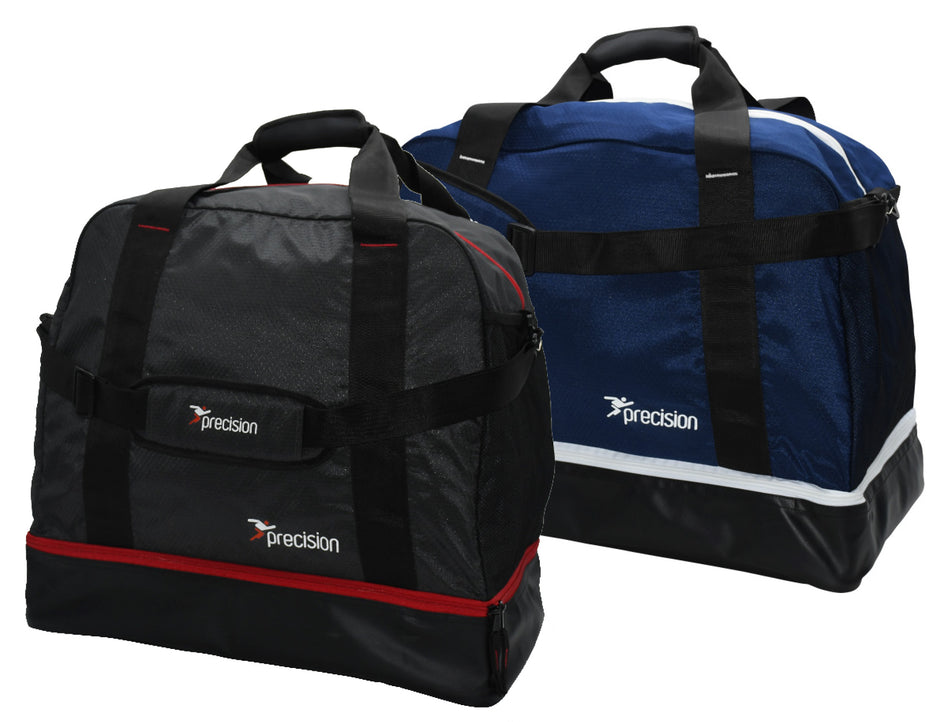 Two Precision Training Pro HX Players Twin Bags—one black/red, one dark blue/white—feature reinforced bottoms, black handles, and adjustable shoulder straps for easy carrying, with Precision branding on each.