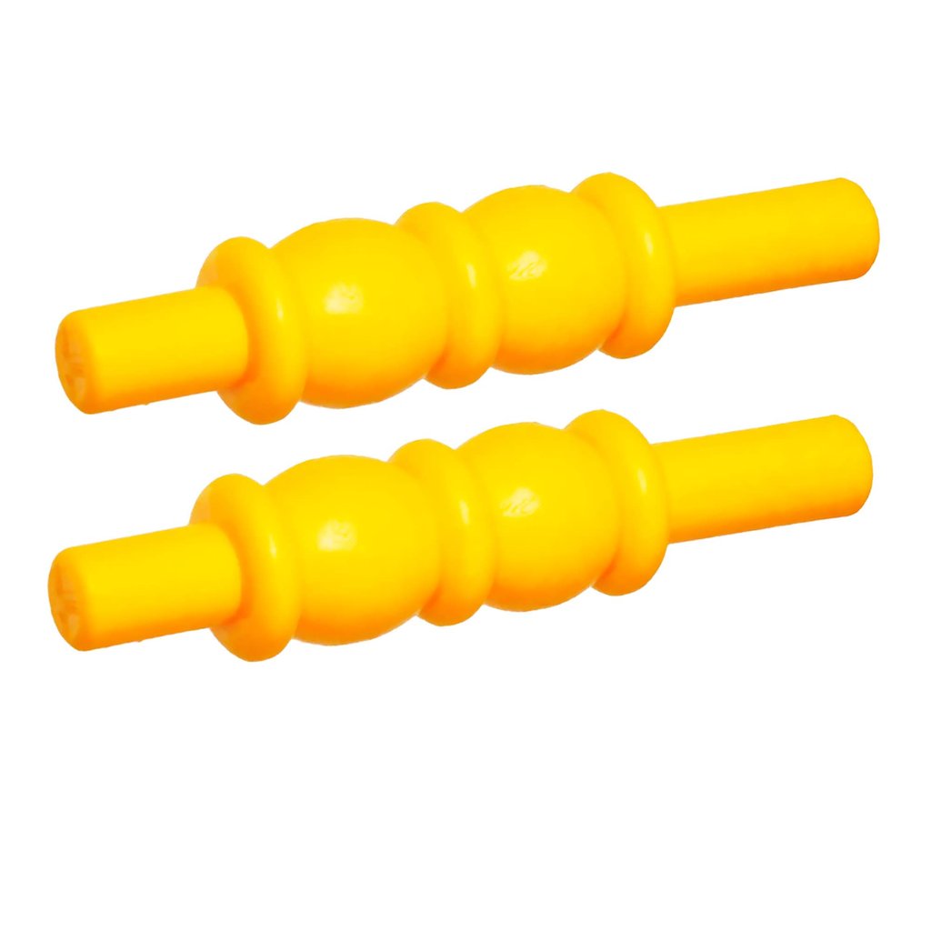 A set of two identical yellow Plastic Cricket Bails from Martin Berrill Sports are placed parallel to each other on a white background, showing their rounded and indented design.