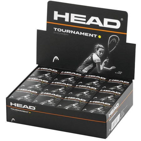 Open display box of Head Tournament Squash Balls - Single Yellow Dot (Box of 12) by Head, featuring packaging with a female squash player and prominent Head logo. Ideal for advanced players seeking yellow dot ball performance.