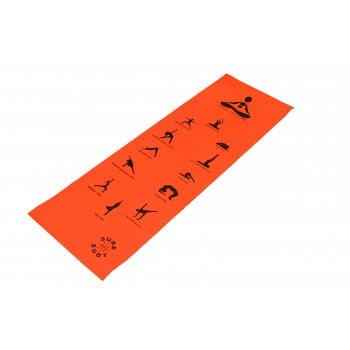 The Sure Shot Yoga Mat by Sure Shot features an orange cushioned, non-slip surface with black illustrations of yoga poses arranged in rows.
