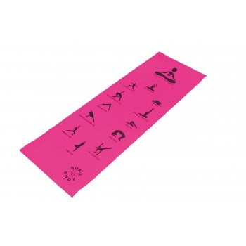 The Sure Shot Yoga Mat by Sure Shot features a bright pink, non-slip surface with black illustrations of yoga poses in two rows and a circular logo in the corner.