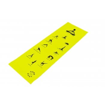 The Sure Shot Yoga Mat by Sure Shot features a yellow cushioned, non-slip surface with black illustrations of yoga poses arranged in rows.