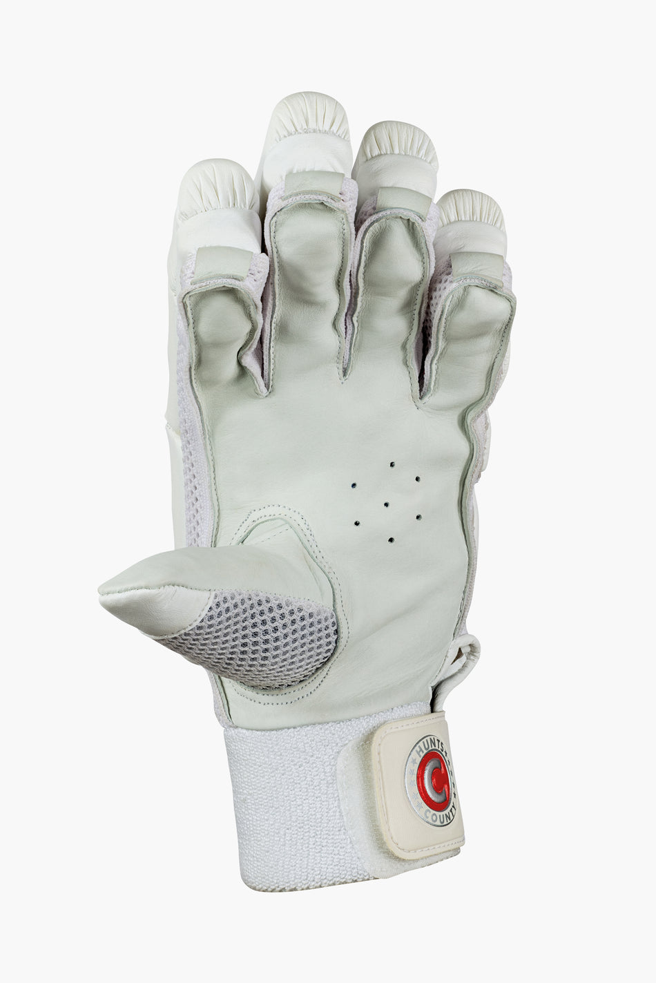 The Hunts County Insignia Batting Gloves by Hunts County feature padded fingers for protection and a Velcro wrist strap, shown palm up against a white background.