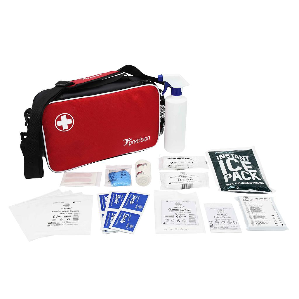 The Precision Training Precision Pro HX Academy Medi Bag + Medical Kit B features a red bag with a white cross, surrounded by neatly arranged medical supplies like bandages, wipes, dressings, gloves, plasters, an ice pack, and a spray bottle.
