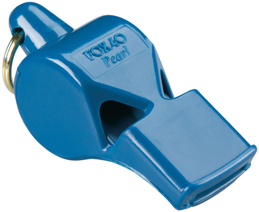 The Fox 40 Pearl Safety Whistle and Strap is a blue plastic pealess whistle with a metal keyring, embossed with the Fox 40 brand—perfect as a safety whistle for use during multi-field games.