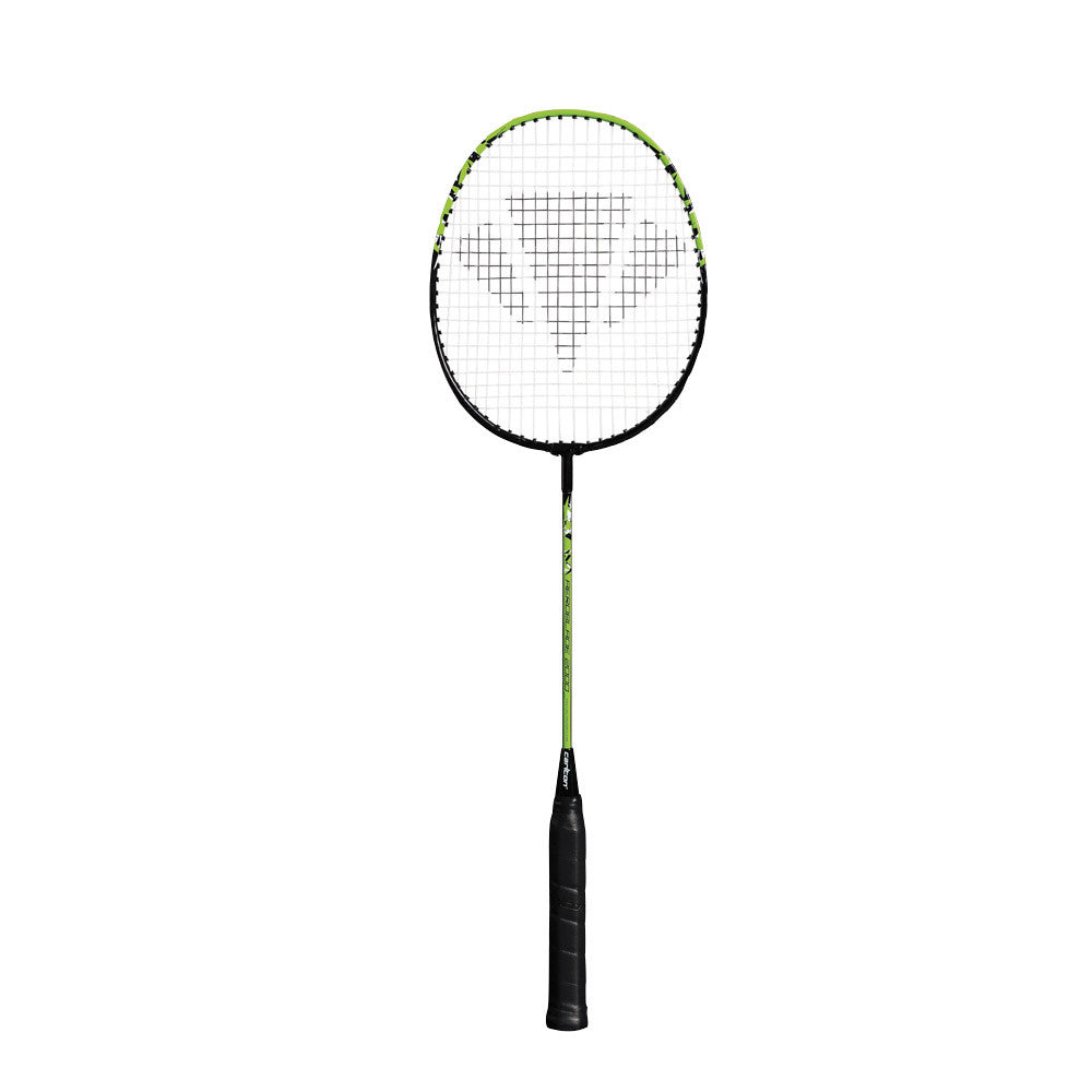 The Carlton Aeroblade 2000 Badminton Racket features an isometric head, all-steel construction, and a black grip. It is shown upright against a white background with a striking black and green color scheme.