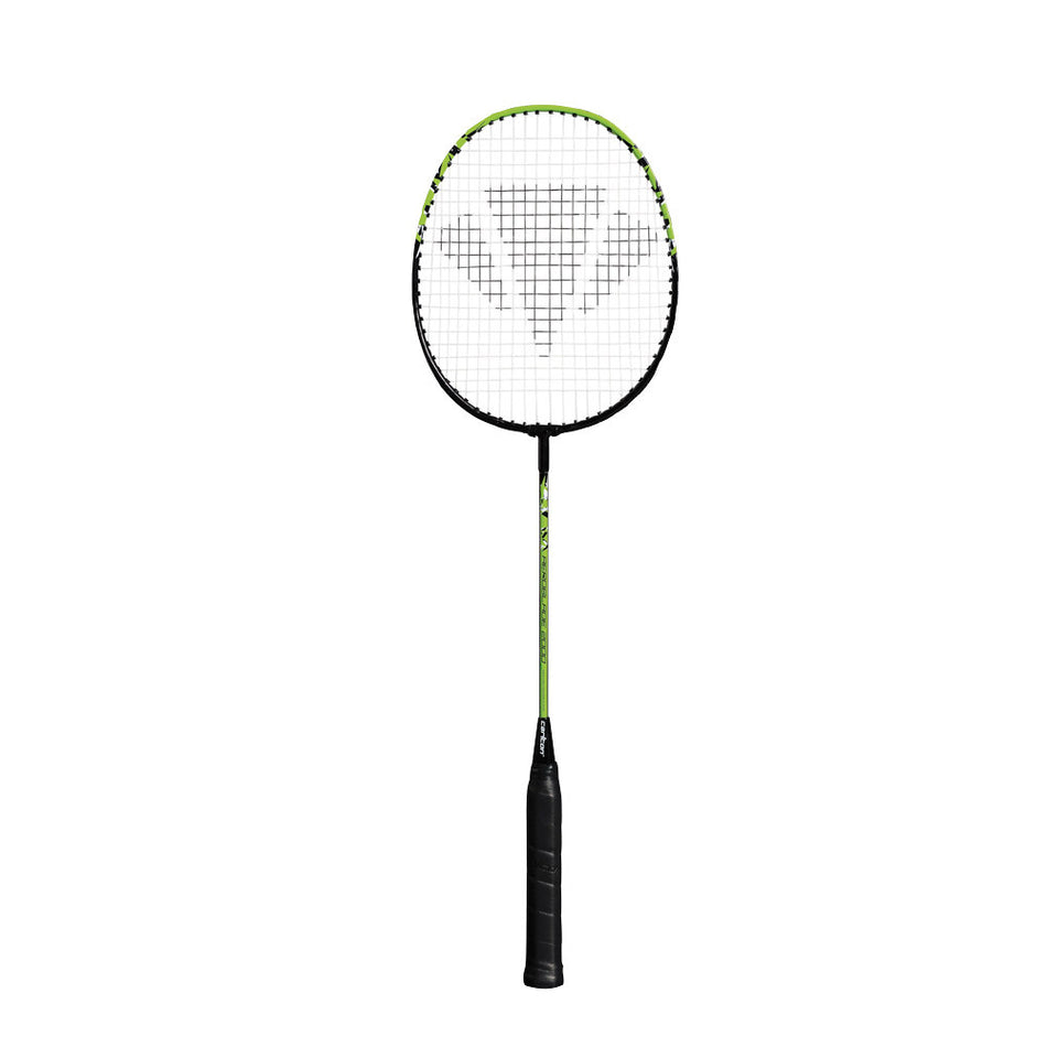 The Carlton Aeroblade 2000 Badminton Racket features an isometric head, all-steel construction, and a black grip. It is shown upright against a white background with a striking black and green color scheme.